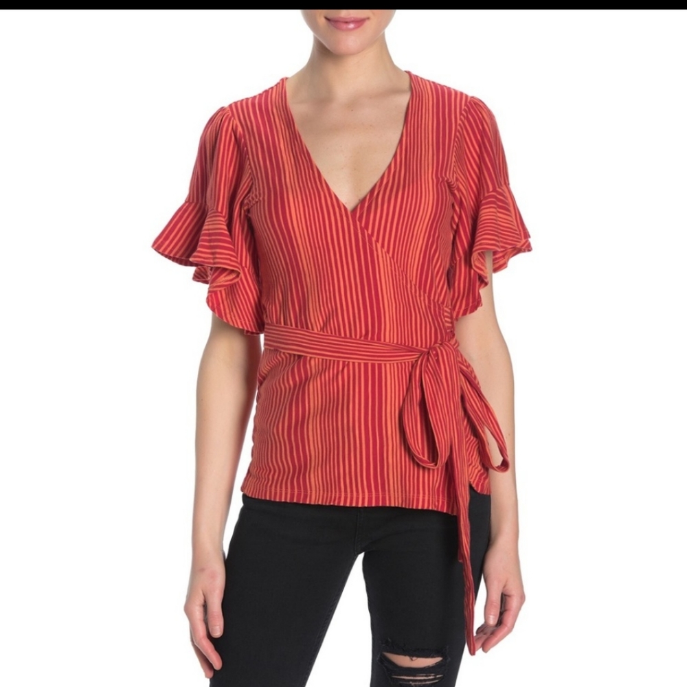 Free People Red & Orange Stripe Wrap Top